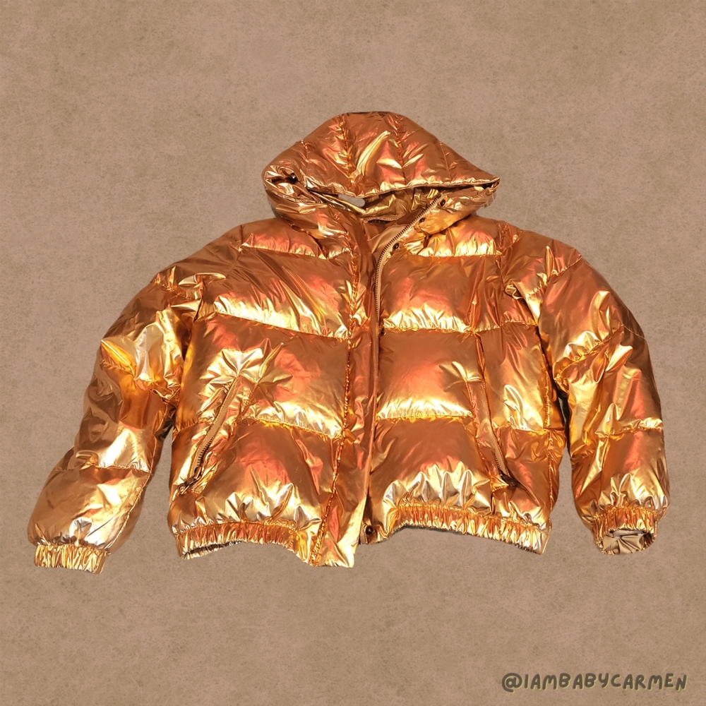 Alice + Olivia - Gold Durham Metallic Hooded Puffer Jacket